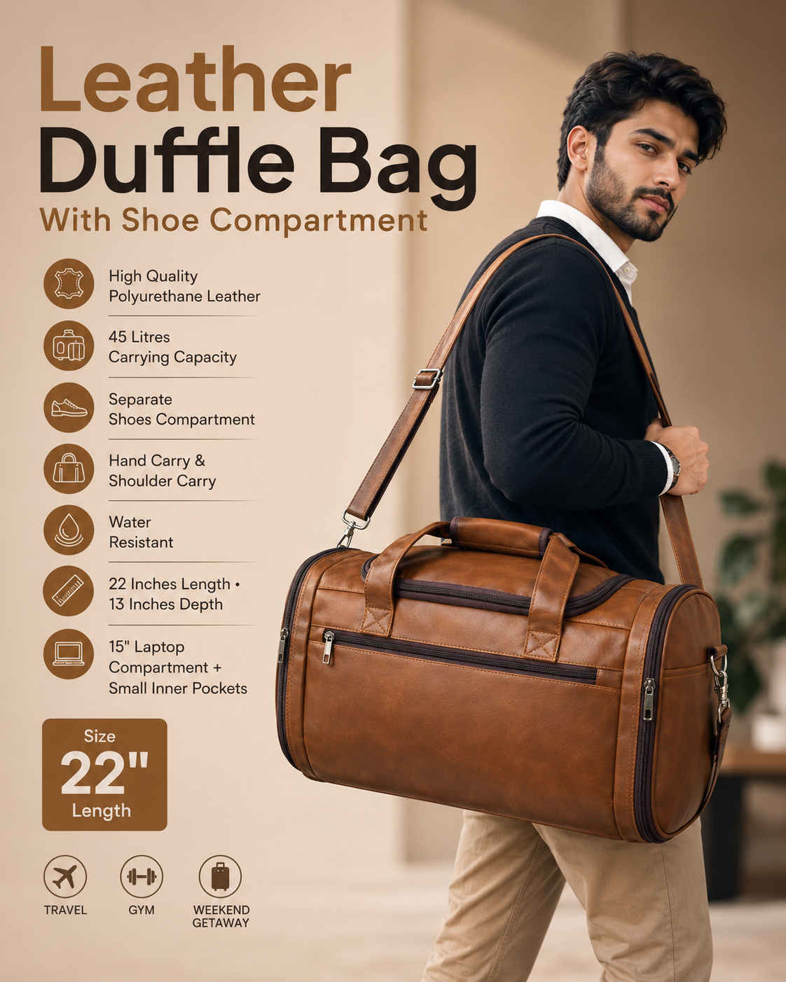 Leather Duffle Bag With Shoe Compartment - Brown