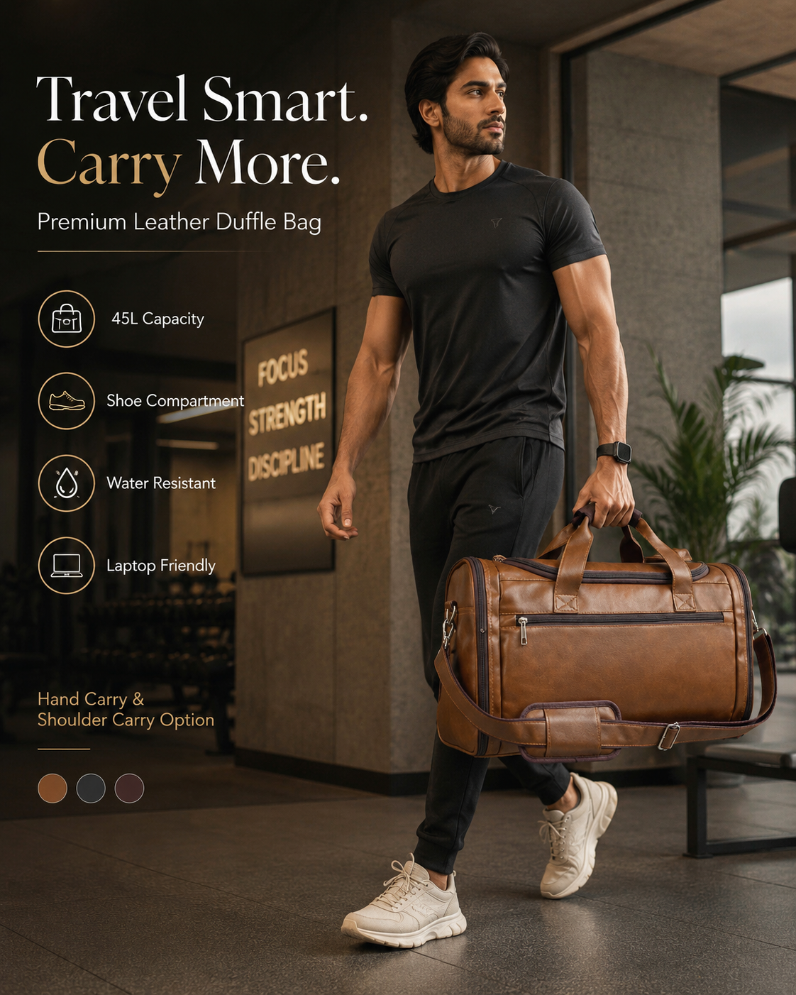 Leather Duffle Bag With Shoe Compartment - Brown
