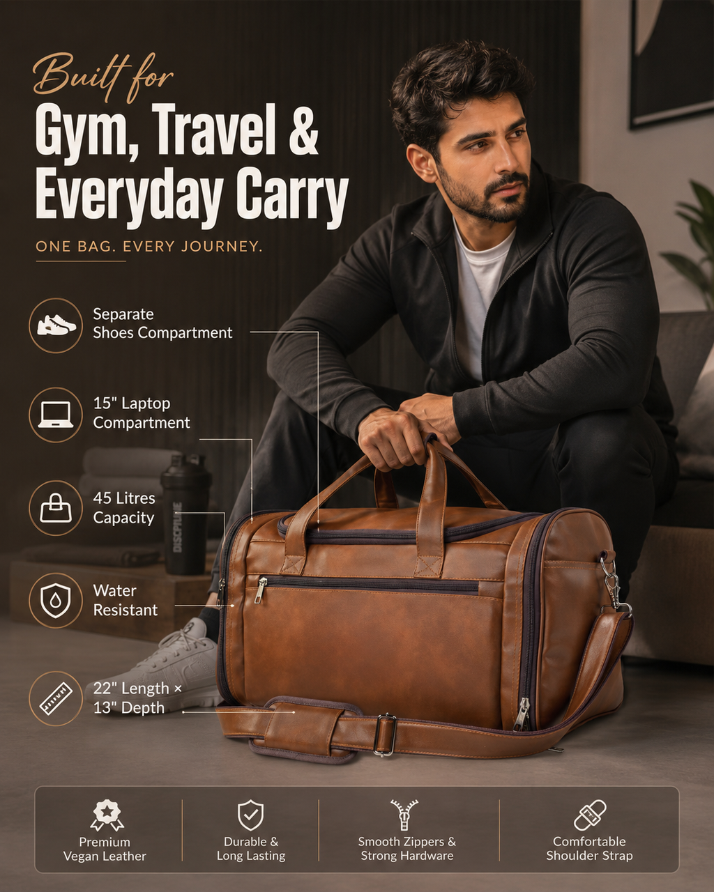 Leather Duffle Bag With Shoe Compartment - Brown