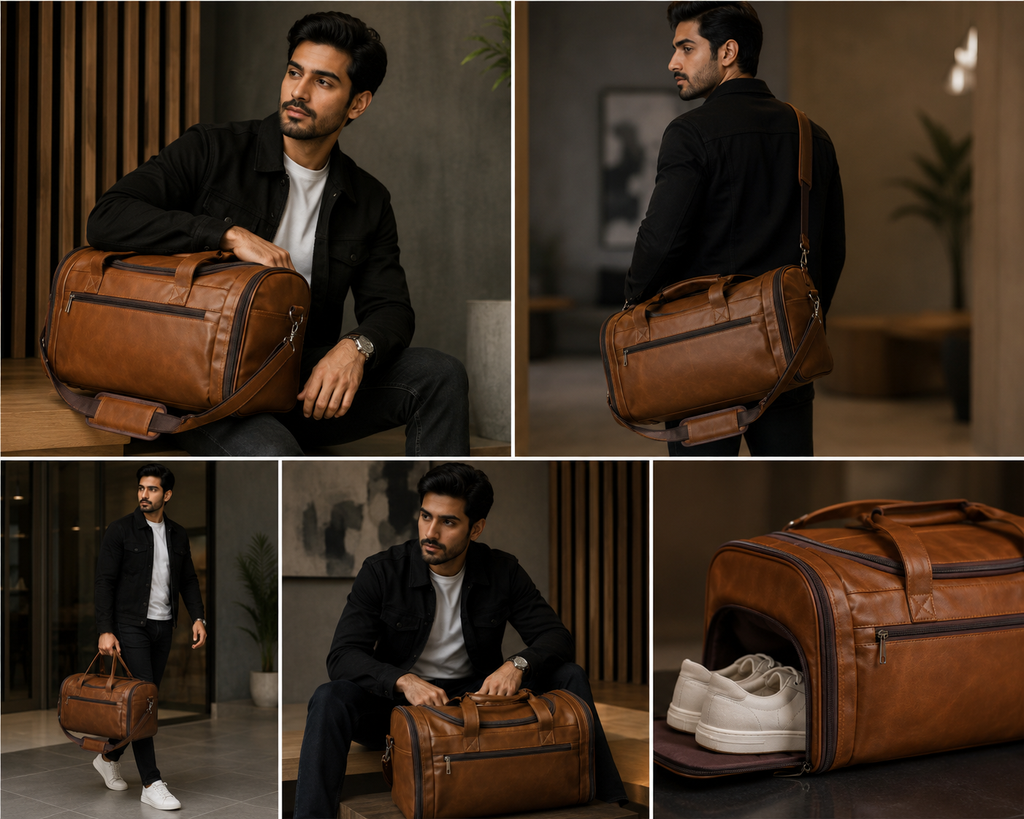 Leather Duffle Bag With Shoe Compartment - Brown